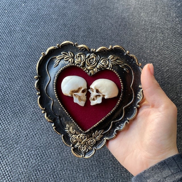 alwaysdwellTM - True love is forever - framed miniature realistic human skulls - Til death do us part