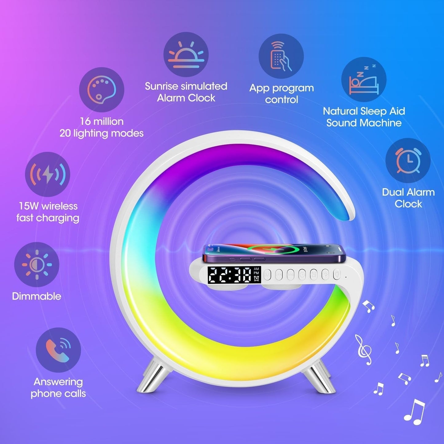 alwaysdwellTM - Multi-function Bluetooth Speaker - Colorful Ambient Light Wireless Charging Clock All-in-One