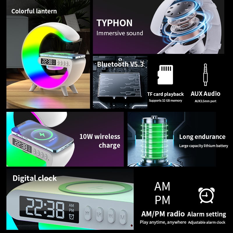 alwaysdwellTM - Multi-function Bluetooth Speaker - Colorful Ambient Light Wireless Charging Clock All-in-One