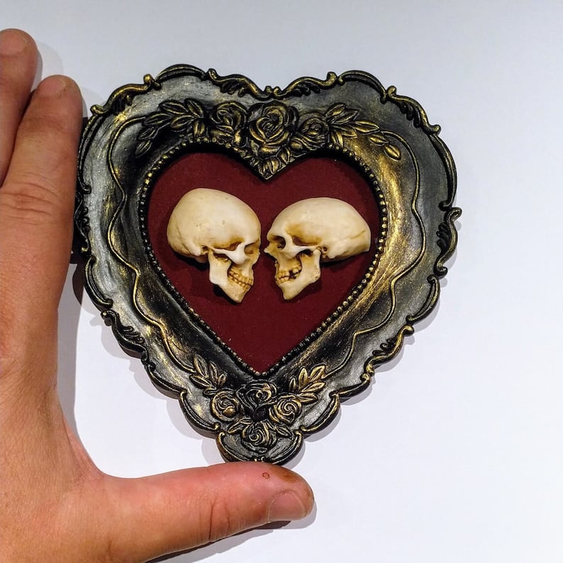 alwaysdwellTM - True love is forever - framed miniature realistic human skulls - Til death do us part