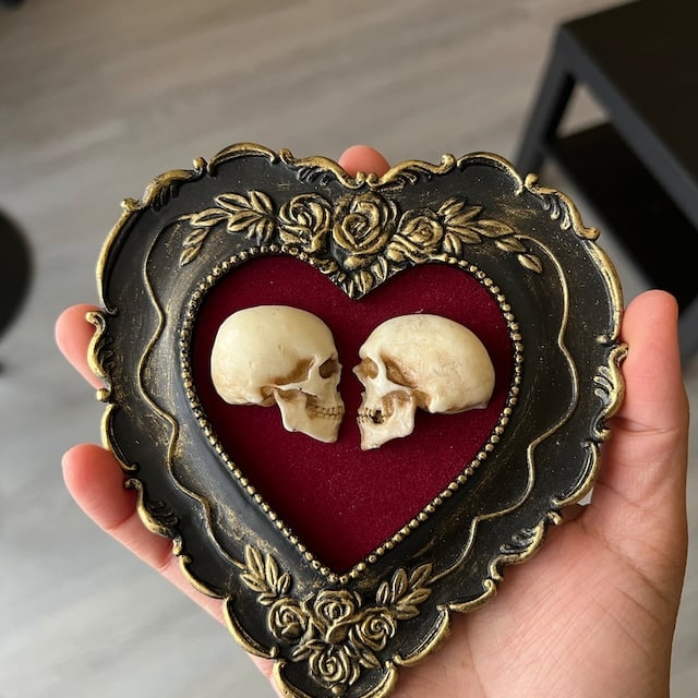 alwaysdwellTM - True love is forever - framed miniature realistic human skulls - Til death do us part