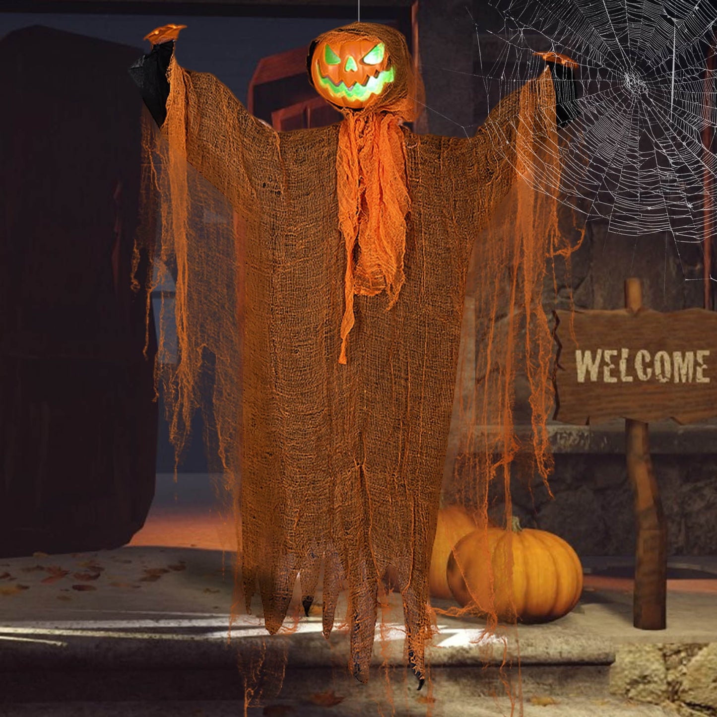 alwaysdwellTM - Halloween Pumpkin Party Decoration Hanging Prop with Green Light and Sound Effects
