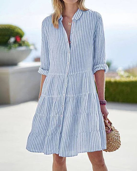 alwaysdwellTM - 🔥Huge Sale 51% OFF💖Long Sleeve Lapel Stripe Layered Panel Hem Shirt Dress