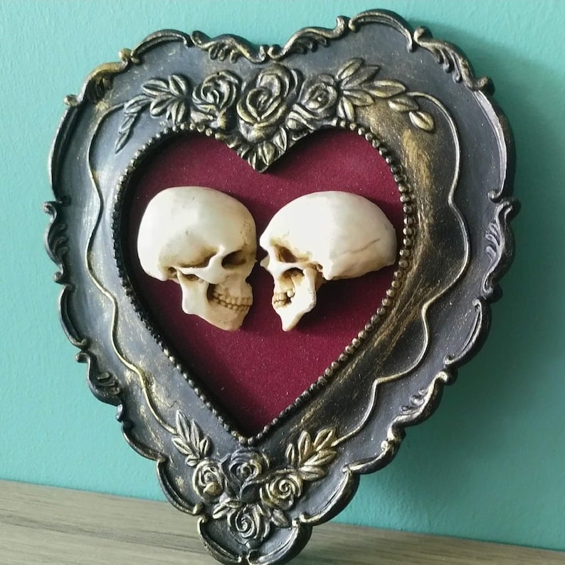 alwaysdwellTM - True love is forever - framed miniature realistic human skulls - Til death do us part