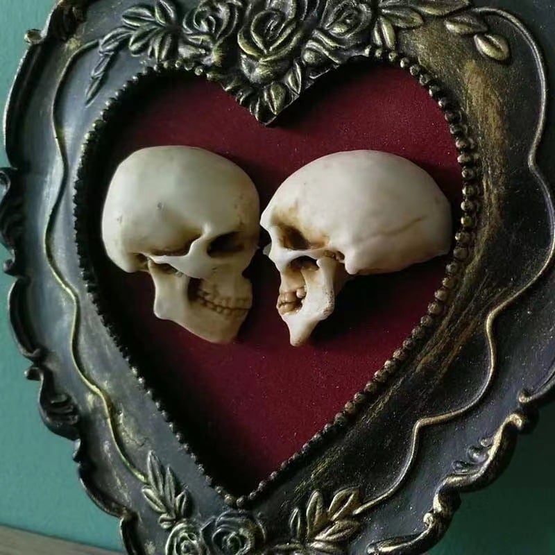 alwaysdwellTM - True love is forever - framed miniature realistic human skulls - Til death do us part