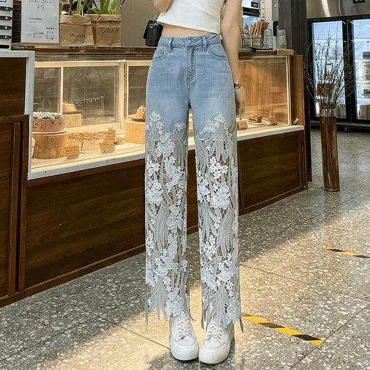 alwaysdwellTM - Handmade Hollow Lace Patchwork Jeans