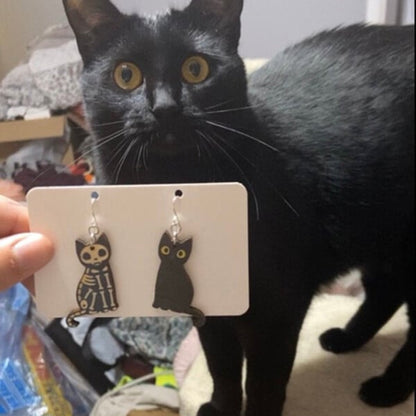 🎃 Adorable Black Cat / Skeleton Cat Wood Dangle Earrings