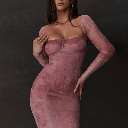 🔥Pink Fitted Long-sleeve Dress