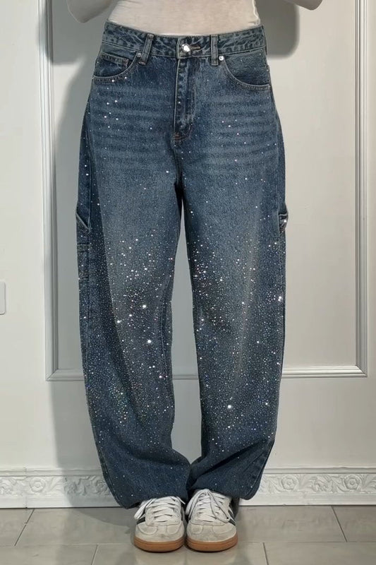 Alwaysdwell - Women's Casual Rhinestone Loose Harem Jeans