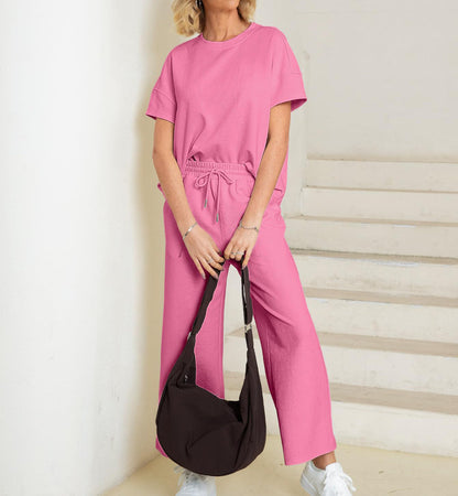 Casual short-sleeved loose top and wide-leg pants suit