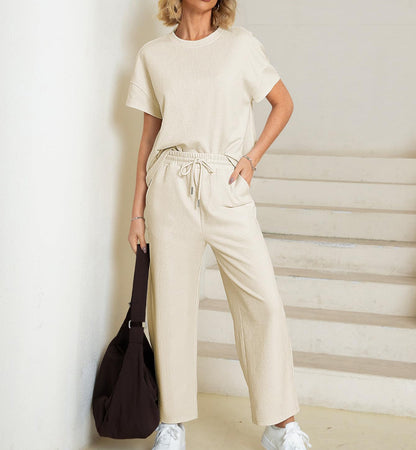 Casual short-sleeved loose top and wide-leg pants suit