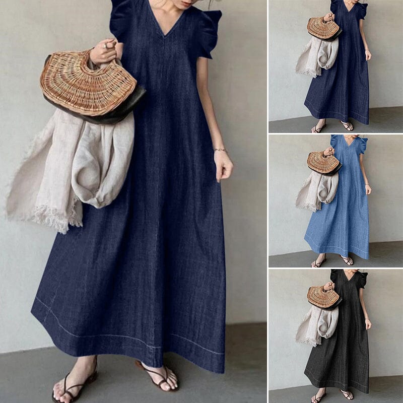 Denim V-neck Long Dress