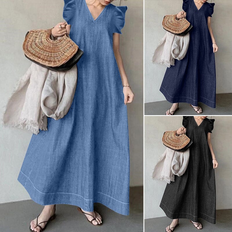 Denim V-neck Long Dress