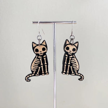 🎃 Adorable Black Cat / Skeleton Cat Wood Dangle Earrings