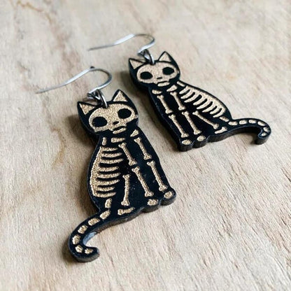 🎃 Adorable Black Cat / Skeleton Cat Wood Dangle Earrings