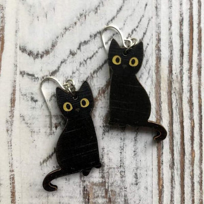 🎃 Adorable Black Cat / Skeleton Cat Wood Dangle Earrings