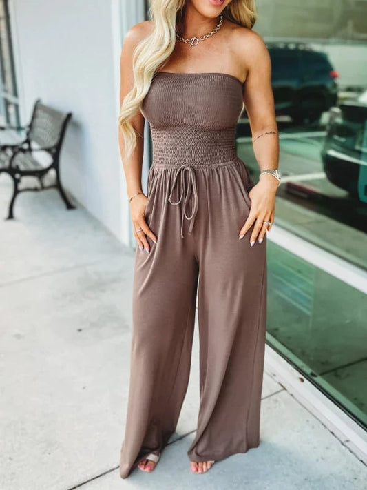 alwaysdwell™ - Off Shoulder Solid Color Smocked Jumpsuit