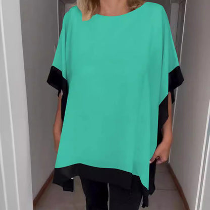 Women's Loose Batwing Sleeve Color Block T-Shirt