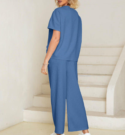 Casual short-sleeved loose top and wide-leg pants suit