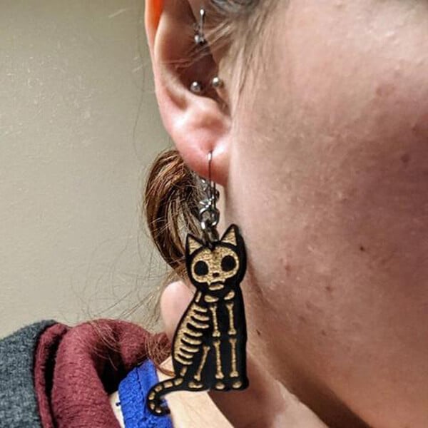 🎃 Adorable Black Cat / Skeleton Cat Wood Dangle Earrings