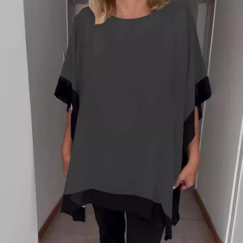 Women's Loose Batwing Sleeve Color Block T-Shirt