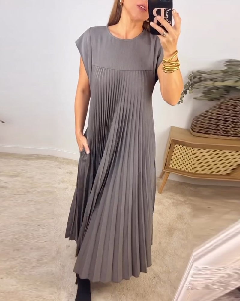 alwaysdwell™ - Women Pleated Simple Solid Color Dress