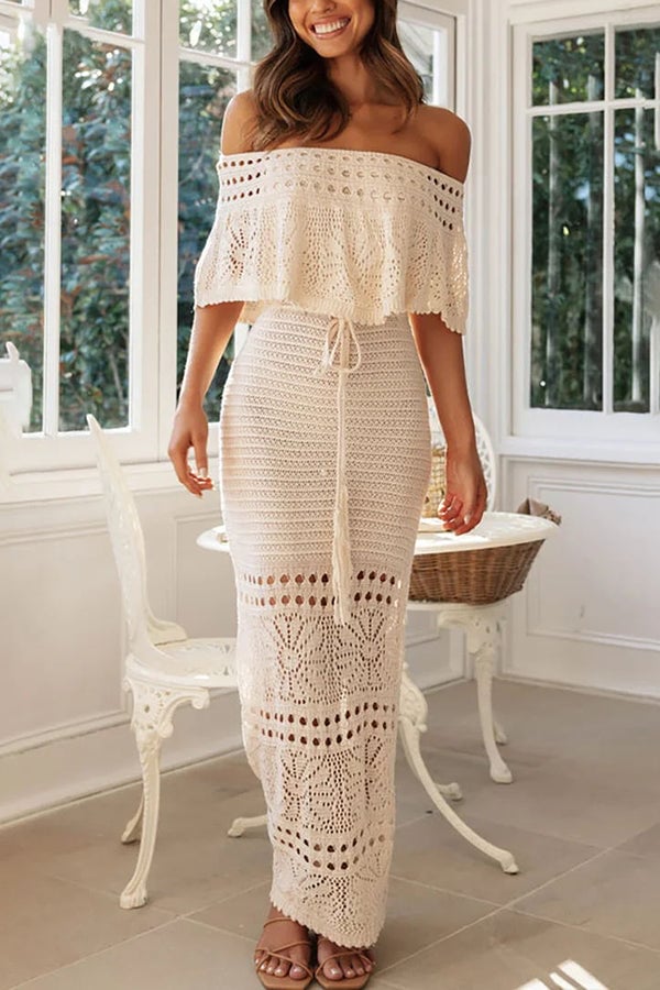 AlwaysdwellTM - Knit Crochet Texture Cutout Lace-Up Shawl Maxi Dresses