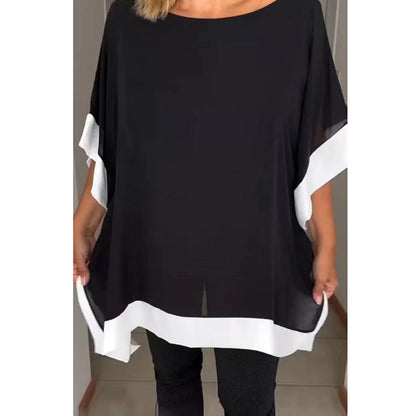 Women's Loose Batwing Sleeve Color Block T-Shirt