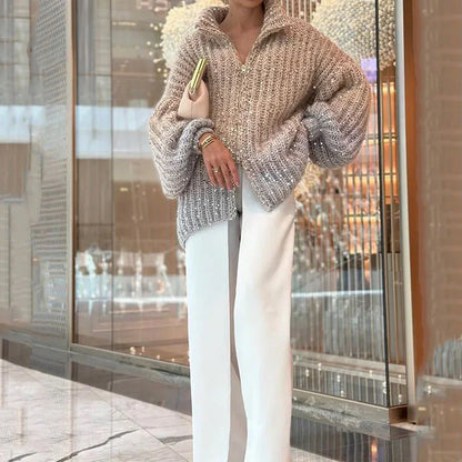 alwaysdwell™ - Solid color sequined knitted sweater jacket