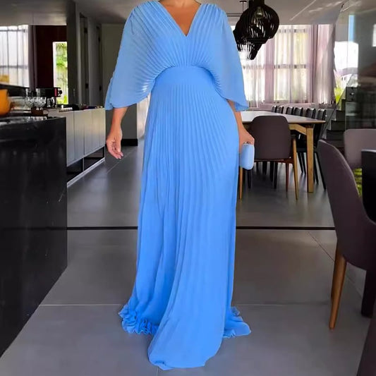 Mother's Day Gifts - Pleated Batwing Sleeve Waist-Cinching Dress