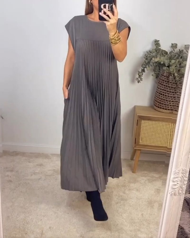 alwaysdwell™ - Women Pleated Simple Solid Color Dress