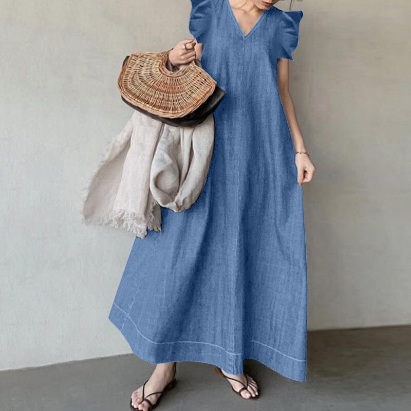 Denim V-neck Long Dress