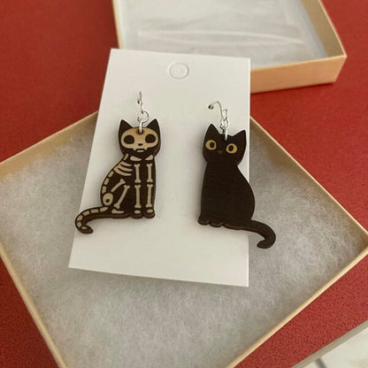 🎃 Adorable Black Cat / Skeleton Cat Wood Dangle Earrings