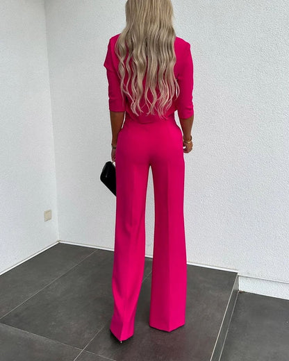 Solid Color Jacket & High Waist Straight Pants Set