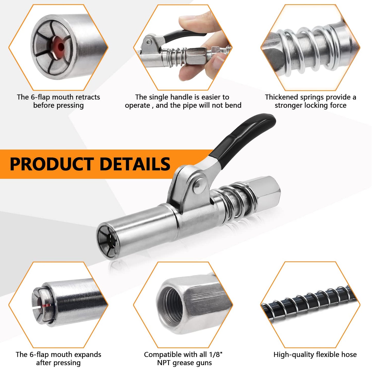 alwaysdwellTM - Strong Lock on Grease Couplers with Spring Flex Hose