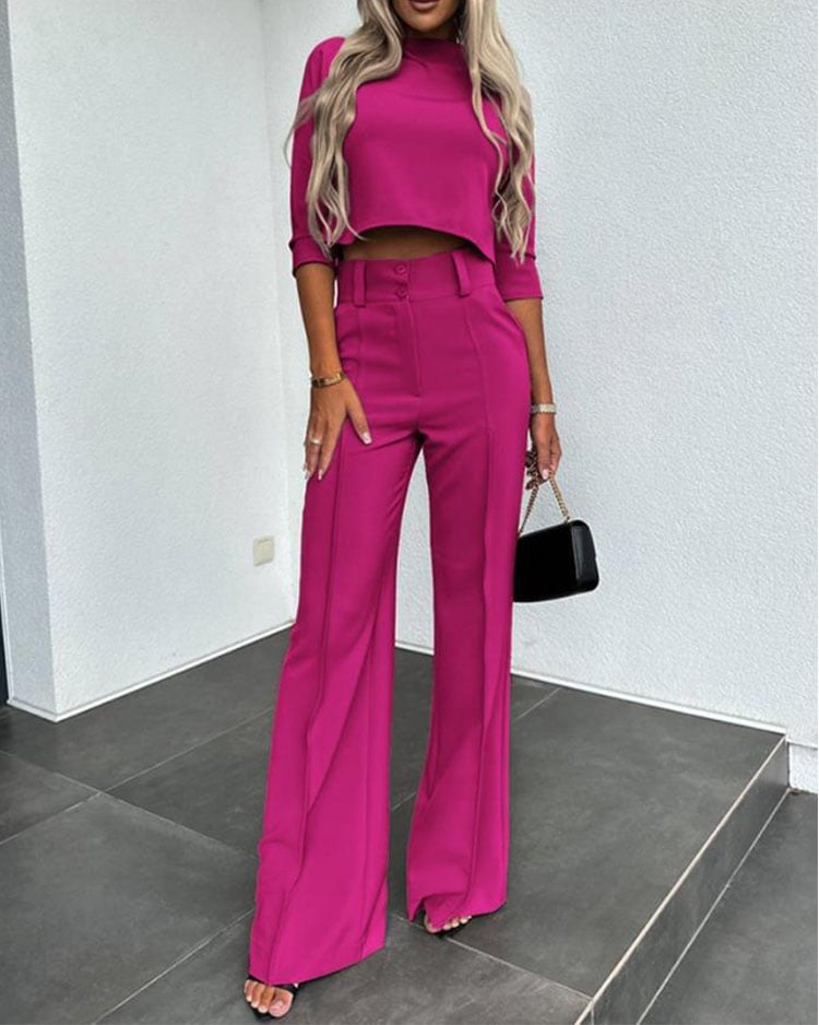 Solid Color Jacket & High Waist Straight Pants Set