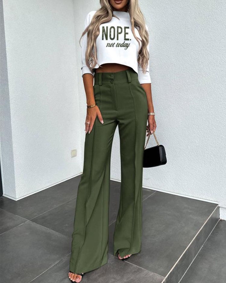 Solid Color Jacket & High Waist Straight Pants Set